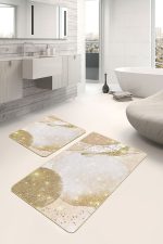 - PaspasTakimi-2li-Set1736-Gorsel-1 - Realhomes  2'li Set Gold - Ekru Zeminde Altın Motifli Suluboya Desenli Bohem Klasik  2'li Banyo & Mutfak Paspas Takımı Realhomes