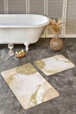 - Realhomes - Realhomes  2'li Set Gold - Ekru Zeminde Altın Motifli Suluboya Desenli Bohem Klasik  2'li Banyo & Mutfak Paspas Takımı Realhomes