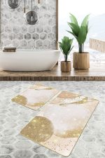 - PaspasTakimi-2li-Set1736-Gorsel-2 - Realhomes  2'li Set Gold - Ekru Zeminde Altın Motifli Suluboya Desenli Bohem Klasik  2'li Banyo & Mutfak Paspas Takımı Realhomes