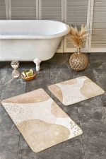 - Realhomes - Realhomes  2'li Set Gold - Ekru Zeminde Kanvas Motifli Altın Desenli Bohem Modern  2'li Banyo & Mutfak Paspas Takımı Realhomes