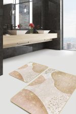 - PaspasTakimi-2li-Set1737-Gorsel - Realhomes  2'li Set Gold - Ekru Zeminde Kanvas Motifli Altın Desenli Bohem Modern  2'li Banyo & Mutfak Paspas Takımı Realhomes