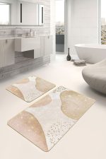 - PaspasTakimi-2li-Set1737-Gorsel-2 - Realhomes  2'li Set Gold - Ekru Zeminde Kanvas Motifli Altın Desenli Bohem Modern  2'li Banyo & Mutfak Paspas Takımı Realhomes