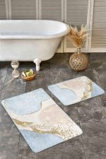 2'li Set Gold - Mavi Zeminde Altın Motifli Tablo Desenli Bohem Klasik  2'li Banyo & Mutfak Paspas Takımı Realhomes