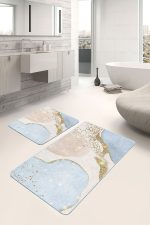 2'li Set Gold - Mavi Zeminde Altın Motifli Tablo Desenli Bohem Klasik  2'li Banyo & Mutfak Paspas Takımı Realhomes
