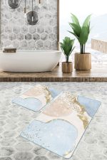 2'li Set Gold - Mavi Zeminde Altın Motifli Tablo Desenli Bohem Klasik  2'li Banyo & Mutfak Paspas Takımı Realhomes