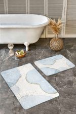 - Realhomes - Realhomes 2'li Set Gold - Mavi Zeminde Altın Motifli Boyama Desenli Bohem Modern 2'li Banyo & Mutfak Paspas Takımı Realhomes