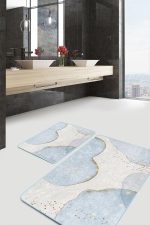 - PaspasTakimi-2li-Set1740-Gorsel - Realhomes 2'li Set Gold - Mavi Zeminde Altın Motifli Boyama Desenli Bohem Modern 2'li Banyo & Mutfak Paspas Takımı Realhomes