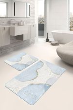 - PaspasTakimi-2li-Set1740-Gorsel-2 - Realhomes 2'li Set Gold - Mavi Zeminde Altın Motifli Boyama Desenli Bohem Modern 2'li Banyo & Mutfak Paspas Takımı Realhomes