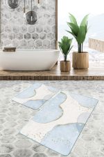 - PaspasTakimi-2li-Set1740-Gorsel-4 - Realhomes 2'li Set Gold - Mavi Zeminde Altın Motifli Boyama Desenli Bohem Modern 2'li Banyo & Mutfak Paspas Takımı Realhomes