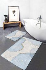 - PaspasTakimi-2li-Set1740-Gorsel-5 - Realhomes 2'li Set Gold - Mavi Zeminde Altın Motifli Boyama Desenli Bohem Modern 2'li Banyo & Mutfak Paspas Takımı Realhomes