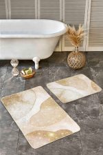 - Realhomes - Realhomes  2'li Set Gold - Krem Zeminde Kanvas Motifli Boyama Desenli Bohem Sade & Şık  2'li Banyo & Mutfak Paspas Takımı Realhomes