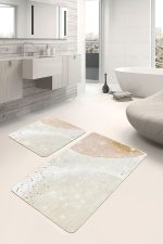 2'li Set Gold - Krem Zeminde Modern Motifli Abstract Desenli Bohem Klasik  2'li Banyo & Mutfak Paspas Takımı Realhomes