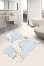 - PaspasTakimi-2li-Set1743-Gorsel-4 - Realhomes 2'li Set Gold - Mavi Zeminde Altın Motifli Kanvas Desenli Bohem Modern 2'li Banyo & Mutfak Paspas Takımı Realhomes