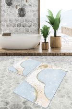 - PaspasTakimi-2li-Set1743-Gorsel-5 - Realhomes 2'li Set Gold - Mavi Zeminde Altın Motifli Kanvas Desenli Bohem Modern 2'li Banyo & Mutfak Paspas Takımı Realhomes