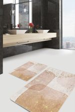 2'li Set Gold - Krem Zeminde Tablo Motifli Abstract Desenli Bohem Klasik  2'li Banyo & Mutfak Paspas Takımı Realhomes