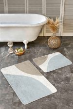 2'li Set Ekru - Mavi Zeminde Boyama Motifli Modern Sanat Desenli Bohem Sade & Şık  2'li Banyo & Mutfak Paspas Takımı Realhomes