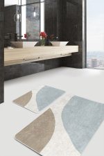 2'li Set Ekru - Mavi Zeminde Boyama Motifli Modern Sanat Desenli Bohem Sade & Şık  2'li Banyo & Mutfak Paspas Takımı Realhomes