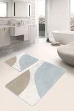 2'li Set Ekru - Mavi Zeminde Boyama Motifli Modern Sanat Desenli Bohem Sade & Şık  2'li Banyo & Mutfak Paspas Takımı Realhomes