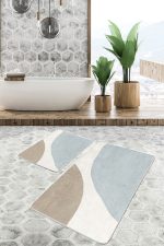 2'li Set Ekru - Mavi Zeminde Boyama Motifli Modern Sanat Desenli Bohem Sade & Şık  2'li Banyo & Mutfak Paspas Takımı Realhomes