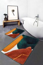 2'li Set Sarı - Lacivert Zeminde Tablo Motifli Abstract Desenli Bohem Modern  2'li Banyo & Mutfak Paspas Takımı Realhomes