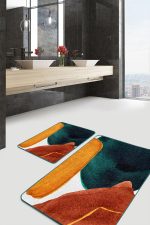 2'li Set Sarı - Lacivert Zeminde Tablo Motifli Abstract Desenli Bohem Modern  2'li Banyo & Mutfak Paspas Takımı Realhomes