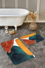 2'li Set Sarı - Lacivert Zeminde Tablo Motifli Abstract Desenli Bohem Modern  2'li Banyo & Mutfak Paspas Takımı Realhomes