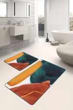 2'li Set Sarı - Lacivert Zeminde Tablo Motifli Abstract Desenli Bohem Modern  2'li Banyo & Mutfak Paspas Takımı Realhomes