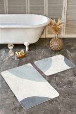 - Realhomes - Realhomes  2'li Set Ekru - Mavi Zeminde Kanvas Motifli Modern Sanat Desenli Bohem Klasik  2'li Banyo & Mutfak Paspas Takımı Realhomes