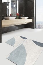 - PaspasTakimi-2li-Set1751-Gorsel - Realhomes  2'li Set Ekru - Mavi Zeminde Kanvas Motifli Modern Sanat Desenli Bohem Klasik  2'li Banyo & Mutfak Paspas Takımı Realhomes