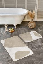 2'li Set Bej - Krem Zeminde Boyama Motifli Tablo Desenli Bohem Modern  2'li Banyo & Mutfak Paspas Takımı Realhomes