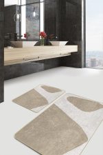 2'li Set Bej - Krem Zeminde Boyama Motifli Tablo Desenli Bohem Modern  2'li Banyo & Mutfak Paspas Takımı Realhomes