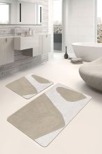 2'li Set Bej - Krem Zeminde Boyama Motifli Tablo Desenli Bohem Modern  2'li Banyo & Mutfak Paspas Takımı Realhomes