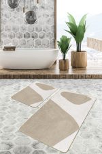 2'li Set Bej - Krem Zeminde Boyama Motifli Tablo Desenli Bohem Modern  2'li Banyo & Mutfak Paspas Takımı Realhomes