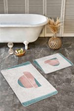 - Realhomes - Realhomes  2'li Set Turkuaz - Yavruağzı Zeminde Abstract Motifli Tablo Desenli Bohem Sade & Şık  2'li Banyo & Mutfak Paspas Takımı Realhomes