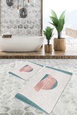 - PaspasTakimi-2li-Set1753-Gorsel-2 - Realhomes  2'li Set Turkuaz - Yavruağzı Zeminde Abstract Motifli Tablo Desenli Bohem Sade & Şık  2'li Banyo & Mutfak Paspas Takımı Realhomes