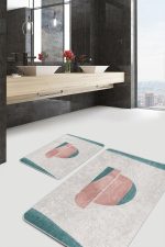 - PaspasTakimi-2li-Set1753-Gorsel-5 - Realhomes  2'li Set Turkuaz - Yavruağzı Zeminde Abstract Motifli Tablo Desenli Bohem Sade & Şık  2'li Banyo & Mutfak Paspas Takımı Realhomes