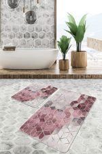 - PaspasTakimi-2li-Set1755-Gorsel-1 - Realhomes  2'li Set Pembe - Gri Zeminde Mozaik Motifli Geometrik Desenli Geometrik Klasik  2'li Banyo & Mutfak Paspas Takımı Realhomes