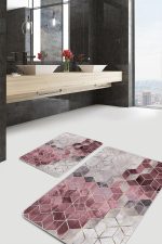 - PaspasTakimi-2li-Set1755-Gorsel-4 - Realhomes  2'li Set Pembe - Gri Zeminde Mozaik Motifli Geometrik Desenli Geometrik Klasik  2'li Banyo & Mutfak Paspas Takımı Realhomes