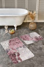 - Realhomes - Realhomes  2'li Set Pembe - Gri Zeminde Mozaik Motifli Geometrik Desenli Geometrik Klasik  2'li Banyo & Mutfak Paspas Takımı Realhomes