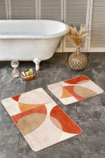 2'li Set Turuncu - Krem Zeminde Abstract Motifli Tablo Desenli Bohem Modern  2'li Banyo & Mutfak Paspas Takımı Realhomes