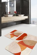 2'li Set Turuncu - Krem Zeminde Abstract Motifli Tablo Desenli Bohem Modern  2'li Banyo & Mutfak Paspas Takımı Realhomes