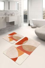 2'li Set Turuncu - Krem Zeminde Abstract Motifli Tablo Desenli Bohem Modern  2'li Banyo & Mutfak Paspas Takımı Realhomes