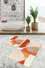 2'li Set Turuncu - Krem Zeminde Abstract Motifli Tablo Desenli Bohem Modern  2'li Banyo & Mutfak Paspas Takımı Realhomes
