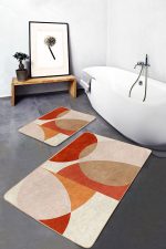 2'li Set Turuncu - Krem Zeminde Abstract Motifli Tablo Desenli Bohem Modern  2'li Banyo & Mutfak Paspas Takımı Realhomes