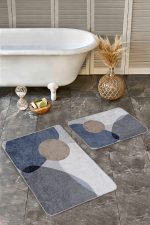 - Realhomes - Realhomes 2'li Set Kahverengi- Mavi Zeminde Kanvas Motifli Modern Sanat Desenli Bohem Sade & Şık 2'li Banyo & Mutfak Paspas Takımı Realhomes