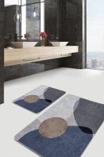 - PaspasTakimi-2li-Set1757-Gorsel - Realhomes 2'li Set Kahverengi- Mavi Zeminde Kanvas Motifli Modern Sanat Desenli Bohem Sade & Şık 2'li Banyo & Mutfak Paspas Takımı Realhomes