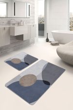 - PaspasTakimi-2li-Set1757-Gorsel-2 - Realhomes 2'li Set Kahverengi- Mavi Zeminde Kanvas Motifli Modern Sanat Desenli Bohem Sade & Şık 2'li Banyo & Mutfak Paspas Takımı Realhomes