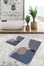 - PaspasTakimi-2li-Set1757-Gorsel-4 - Realhomes 2'li Set Kahverengi- Mavi Zeminde Kanvas Motifli Modern Sanat Desenli Bohem Sade & Şık 2'li Banyo & Mutfak Paspas Takımı Realhomes