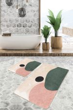 - PaspasTakimi-2li-Set1758-Gorsel-1 - Realhomes  2'li Set Krem - Yeşil Zeminde Soyut Motifli Boyama Desenli Bohem Klasik  2'li Banyo & Mutfak Paspas Takımı Realhomes