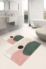 - PaspasTakimi-2li-Set1758-Gorsel - Realhomes  2'li Set Krem - Yeşil Zeminde Soyut Motifli Boyama Desenli Bohem Klasik  2'li Banyo & Mutfak Paspas Takımı Realhomes